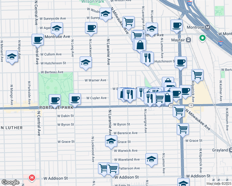 map of restaurants, bars, coffee shops, grocery stores, and more near 4056 North Leamington Avenue in Chicago