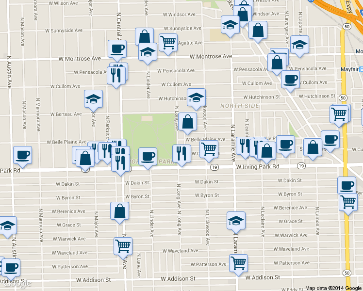 map of restaurants, bars, coffee shops, grocery stores, and more near 4055 North Long Avenue in Chicago