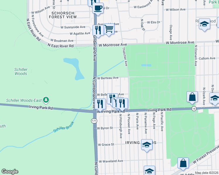 map of restaurants, bars, coffee shops, grocery stores, and more near 4137 North Plainfield Avenue in Chicago