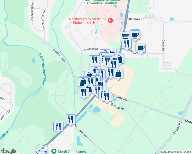 map of restaurants, bars, coffee shops, grocery stores, and more near 2453 Sycamore Rd in DeKalb
