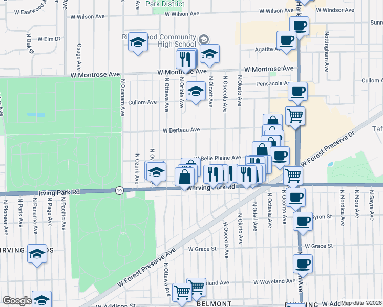 map of restaurants, bars, coffee shops, grocery stores, and more near 4120 North Oleander Avenue in Norridge
