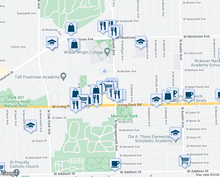 map of restaurants, bars, coffee shops, grocery stores, and more near 4106 North Narragansett Avenue in Chicago