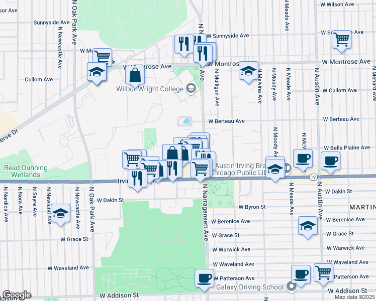map of restaurants, bars, coffee shops, grocery stores, and more near 4106 North Narragansett Avenue in Chicago