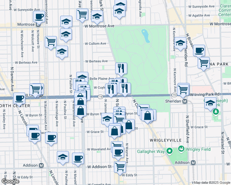 map of restaurants, bars, coffee shops, grocery stores, and more near 4008 North Southport Avenue in Chicago