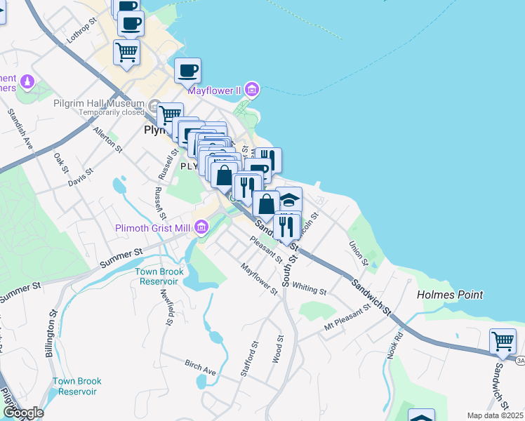 map of restaurants, bars, coffee shops, grocery stores, and more near 10 Water Street in Plymouth