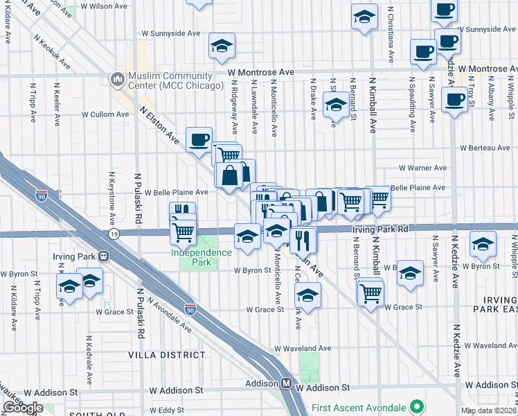 map of restaurants, bars, coffee shops, grocery stores, and more near 3669 West Belle Plaine Avenue in Chicago