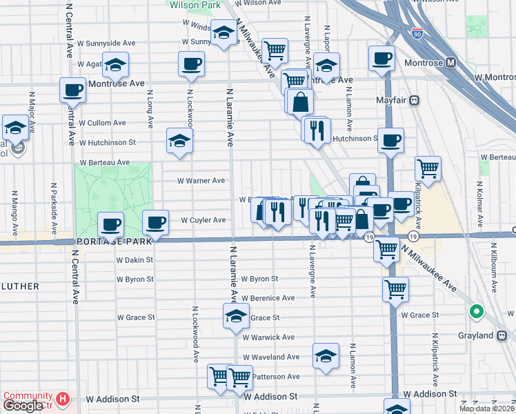 map of restaurants, bars, coffee shops, grocery stores, and more near 4056 North Leamington Avenue in Chicago