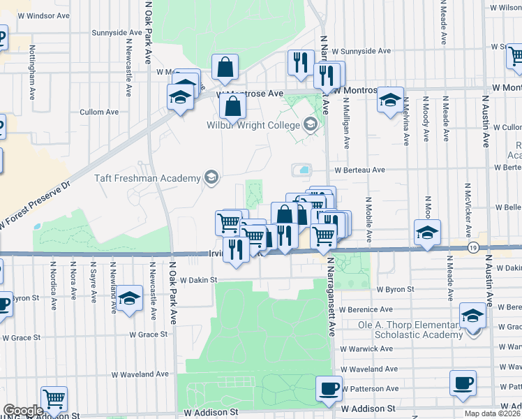 map of restaurants, bars, coffee shops, grocery stores, and more near 6551 West Belle Plaine Avenue in Chicago