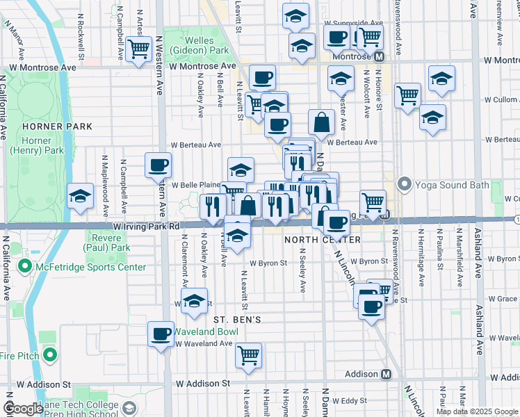map of restaurants, bars, coffee shops, grocery stores, and more near 2133 West Cuyler Avenue in Chicago