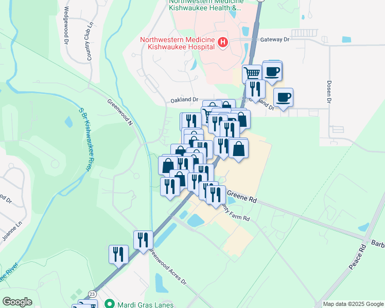 map of restaurants, bars, coffee shops, grocery stores, and more near 2453 Sycamore Rd in DeKalb