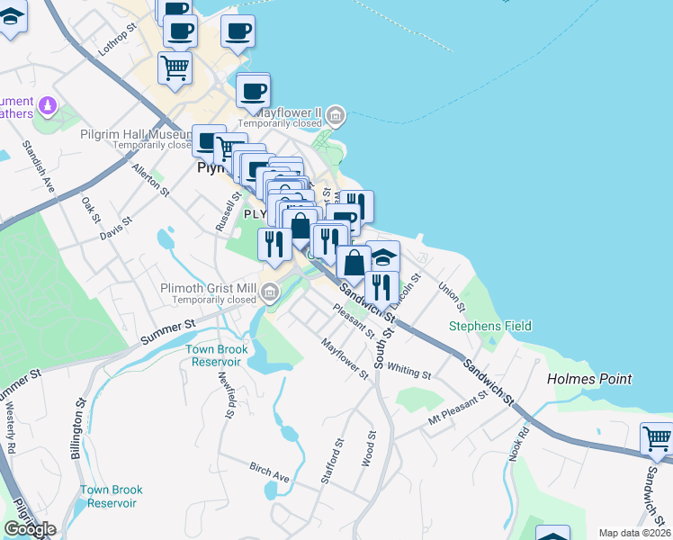 map of restaurants, bars, coffee shops, grocery stores, and more near 10 Water Street in Plymouth