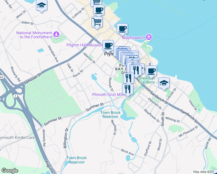 map of restaurants, bars, coffee shops, grocery stores, and more near 1 Stoddard Street in Plymouth