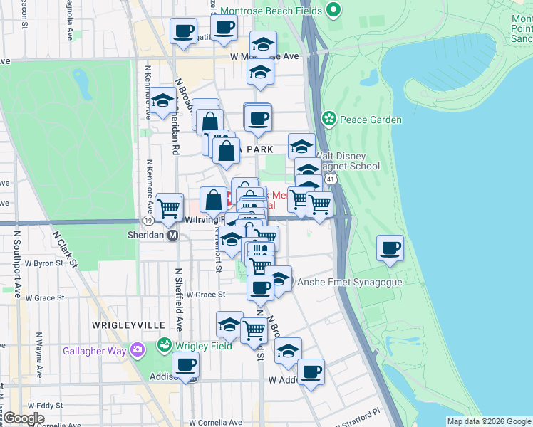 map of restaurants, bars, coffee shops, grocery stores, and more near 758 Irving Park Road in Chicago