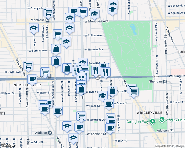 map of restaurants, bars, coffee shops, grocery stores, and more near 4025 North Greenview Avenue in Chicago