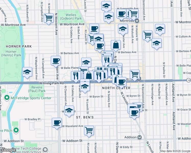 map of restaurants, bars, coffee shops, grocery stores, and more near 2133 West Cuyler Avenue in Chicago
