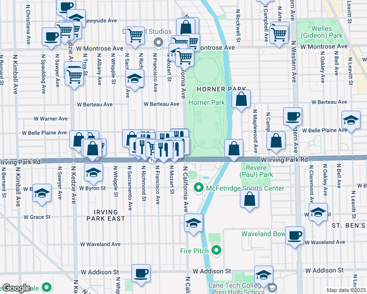 map of restaurants, bars, coffee shops, grocery stores, and more near 4041 North Mozart Street in Chicago