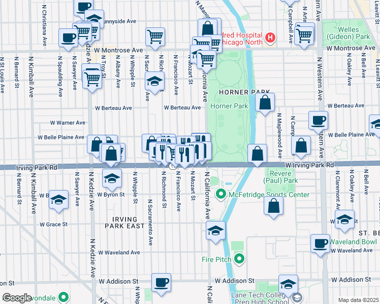 map of restaurants, bars, coffee shops, grocery stores, and more near 4041 North Mozart Street in Chicago