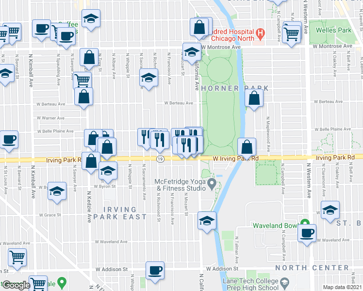 map of restaurants, bars, coffee shops, grocery stores, and more near 4031 North Francisco Avenue in Chicago