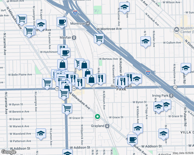 map of restaurants, bars, coffee shops, grocery stores, and more near 4052 North Kolmar Avenue in Chicago