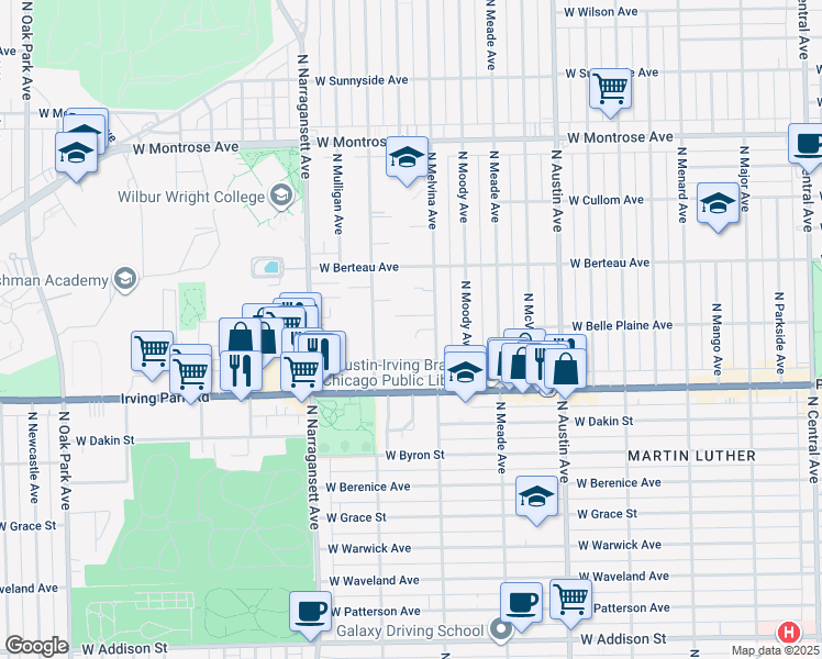map of restaurants, bars, coffee shops, grocery stores, and more near 6229 West Belle Plaine Avenue in Chicago