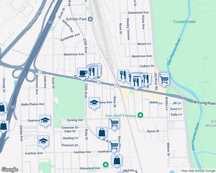 map of restaurants, bars, coffee shops, grocery stores, and more near 9651 Irving Park Road in Schiller Park