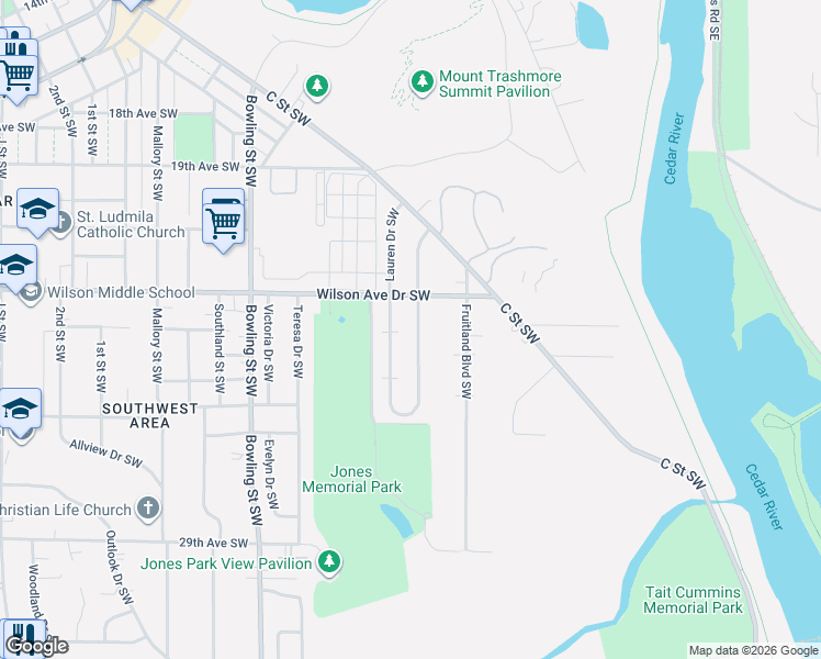 map of restaurants, bars, coffee shops, grocery stores, and more near 2324 Deborah Drive Southwest in Cedar Rapids