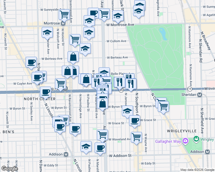 map of restaurants, bars, coffee shops, grocery stores, and more near 4020 North Ashland Avenue in Chicago