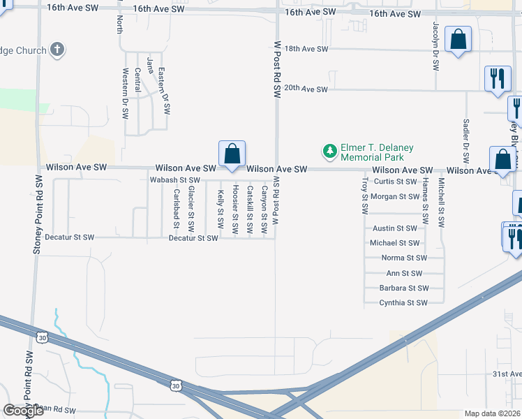 map of restaurants, bars, coffee shops, grocery stores, and more near 2408 Canyon Street Southwest in Cedar Rapids