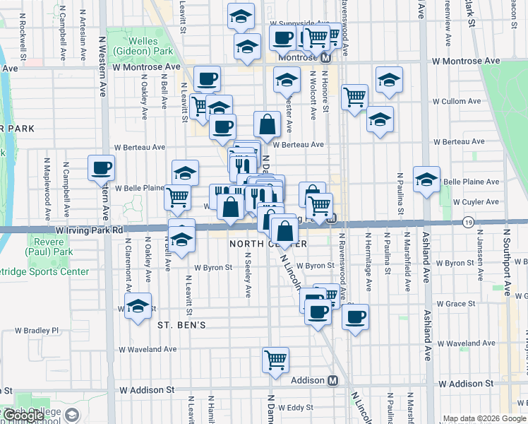map of restaurants, bars, coffee shops, grocery stores, and more near 4026 North Lincoln Avenue in Chicago