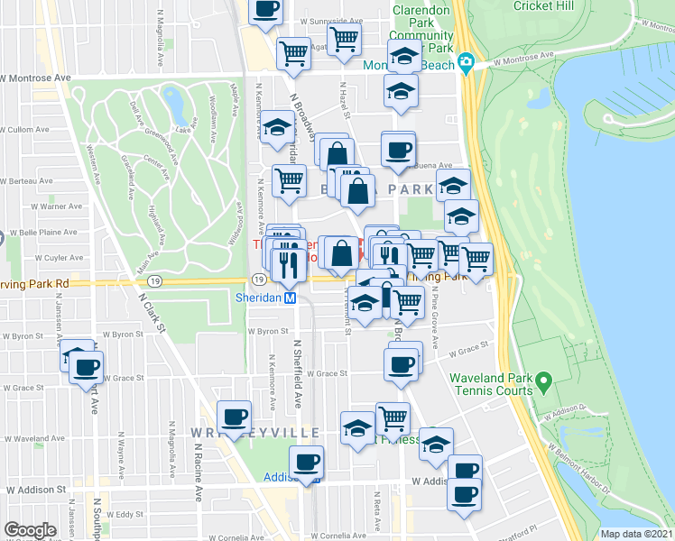 map of restaurants, bars, coffee shops, grocery stores, and more near 910 Irving Park Road in Chicago