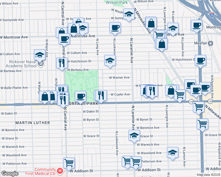 map of restaurants, bars, coffee shops, grocery stores, and more near 5317 West Belle Plaine Avenue in Chicago
