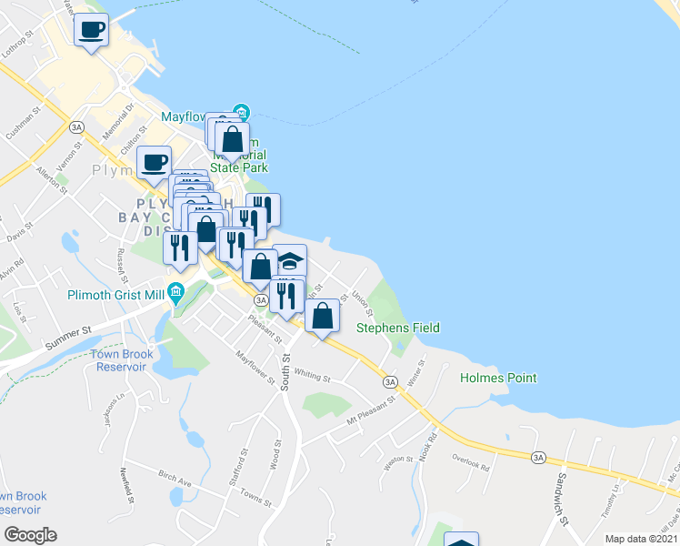 map of restaurants, bars, coffee shops, grocery stores, and more near 50 Union Street in Plymouth