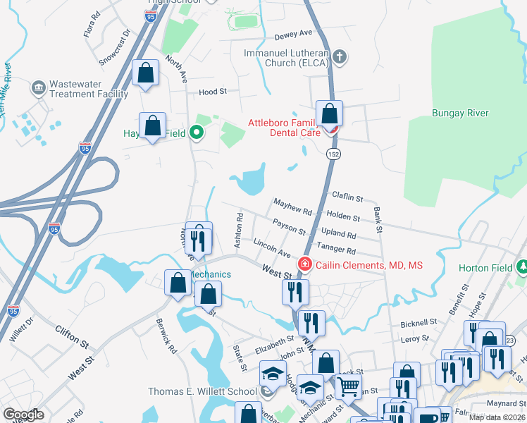 map of restaurants, bars, coffee shops, grocery stores, and more near 53 Payson Street in Attleboro