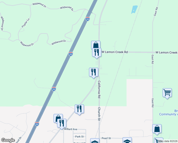 map of restaurants, bars, coffee shops, grocery stores, and more near 4178 Maplewood Road in Bridgman