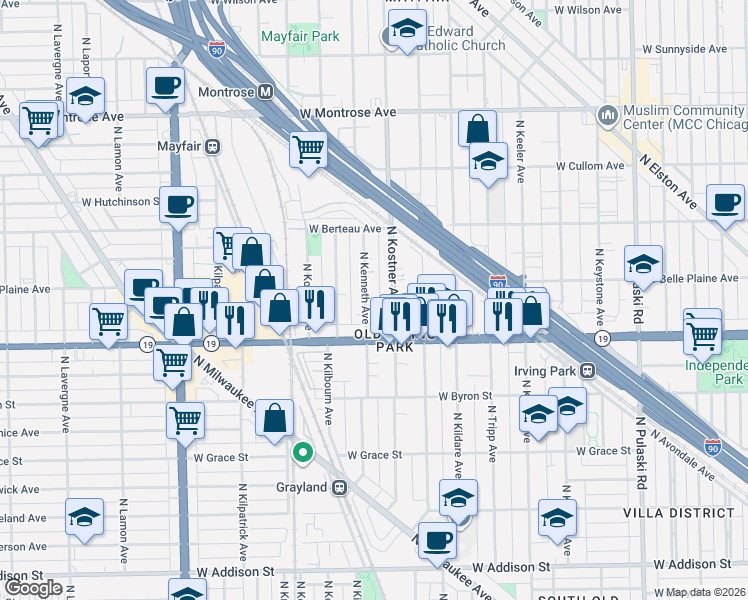 map of restaurants, bars, coffee shops, grocery stores, and more near 4043 North Kenneth Avenue in Chicago