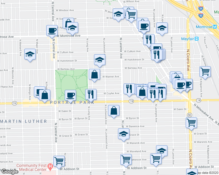 map of restaurants, bars, coffee shops, grocery stores, and more near 5247 West Belle Plaine Avenue in Chicago