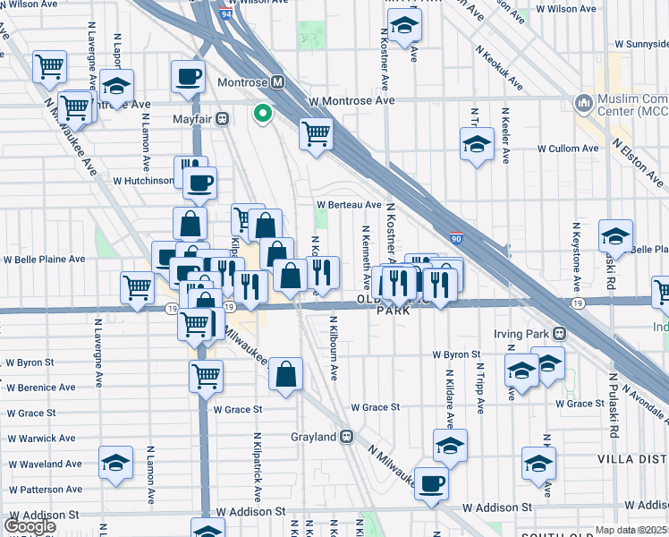map of restaurants, bars, coffee shops, grocery stores, and more near 4046 North Kilbourn Avenue in Chicago