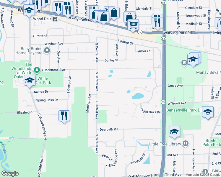 map of restaurants, bars, coffee shops, grocery stores, and more near 359 Tioga Trail in Wood Dale
