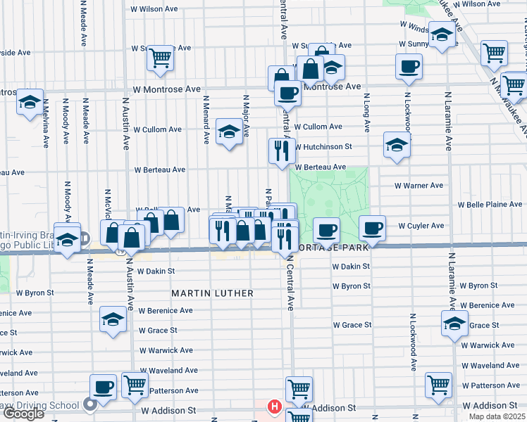 map of restaurants, bars, coffee shops, grocery stores, and more near 4057 North Parkside Avenue in Chicago