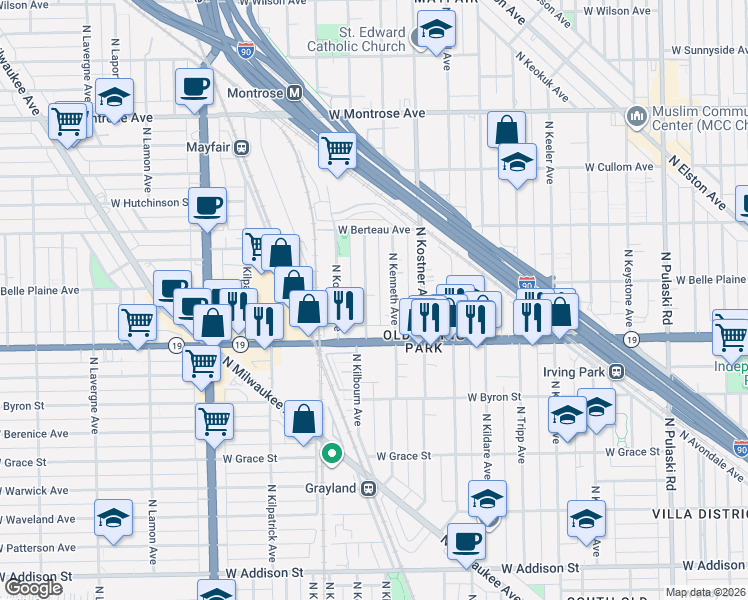 map of restaurants, bars, coffee shops, grocery stores, and more near 4048 North Kenneth Avenue in Chicago