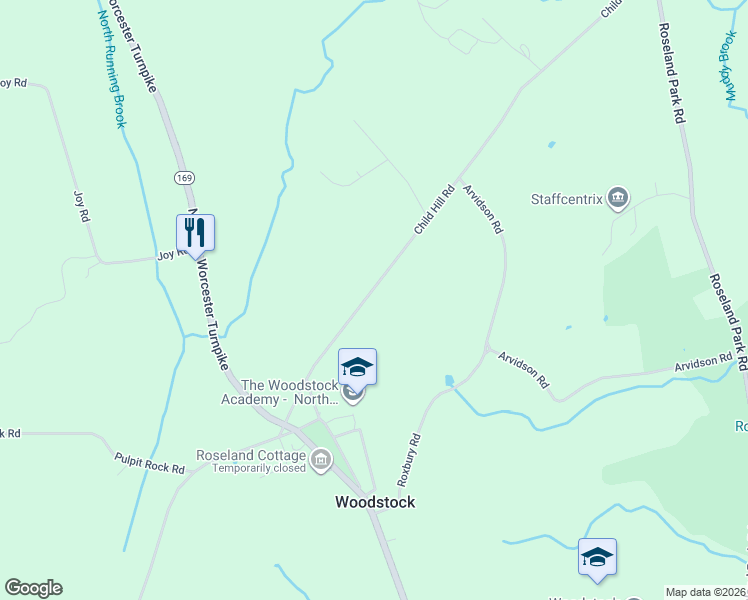 map of restaurants, bars, coffee shops, grocery stores, and more near 77 Child Hill Road in Woodstock