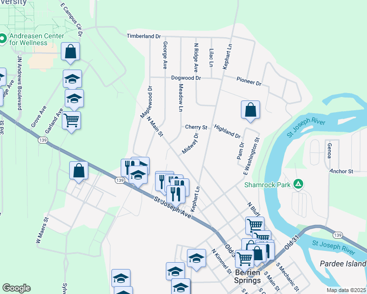 map of restaurants, bars, coffee shops, grocery stores, and more near 9062 Midway Drive in Berrien Springs