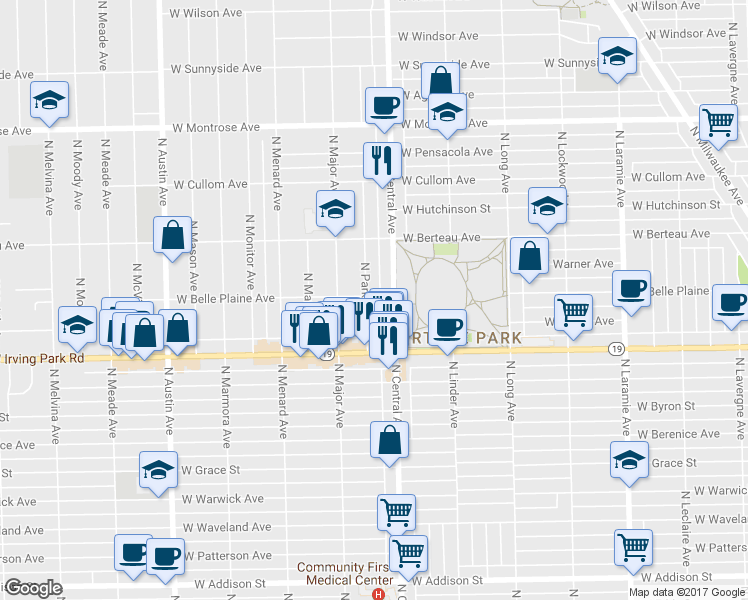 map of restaurants, bars, coffee shops, grocery stores, and more near 4057 North Parkside Avenue in Chicago