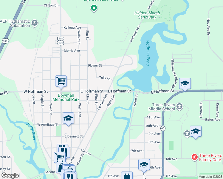 map of restaurants, bars, coffee shops, grocery stores, and more near 801 Portage Avenue in Three Rivers