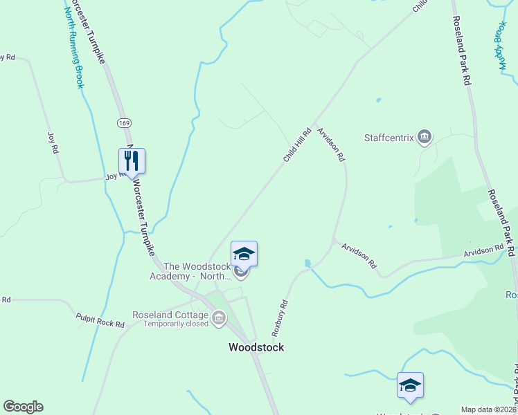 map of restaurants, bars, coffee shops, grocery stores, and more near 77 Child Hill Road in Woodstock