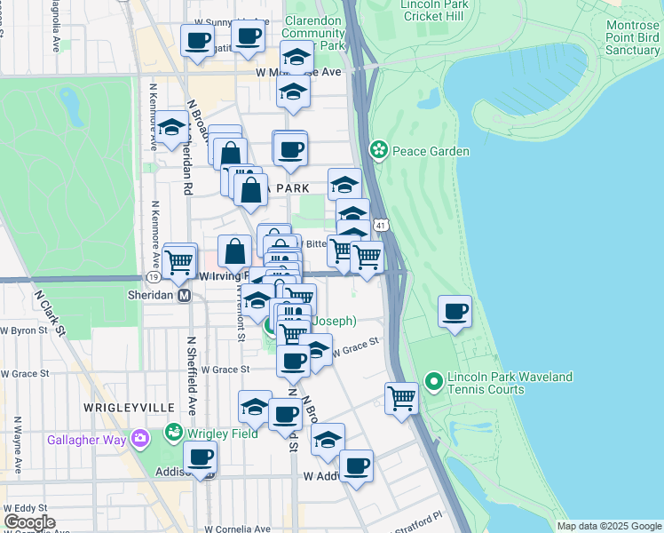map of restaurants, bars, coffee shops, grocery stores, and more near 692 West Irving Park Road in Chicago