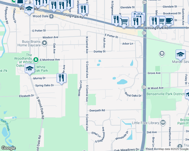 map of restaurants, bars, coffee shops, grocery stores, and more near 359 Tioga Trail in Wood Dale