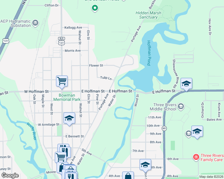 map of restaurants, bars, coffee shops, grocery stores, and more near 801 Portage Avenue in Three Rivers