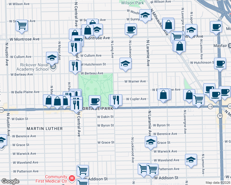 map of restaurants, bars, coffee shops, grocery stores, and more near 4055 North Long Avenue in Chicago