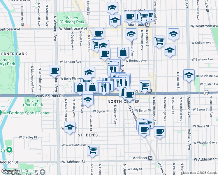 map of restaurants, bars, coffee shops, grocery stores, and more near 2053 West Cuyler Avenue in Chicago